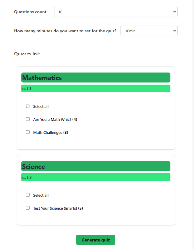 Generate quiz front end