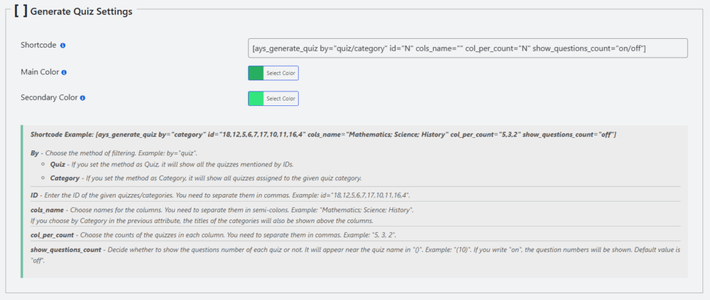 Generate Quiz Settings
