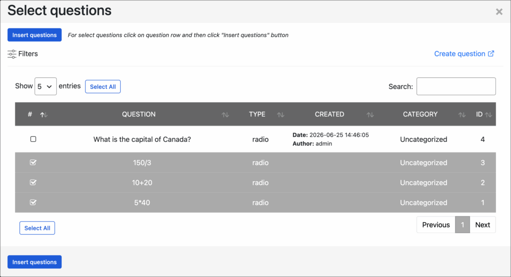 How to create an online exam with a timer in WordPress - select questions