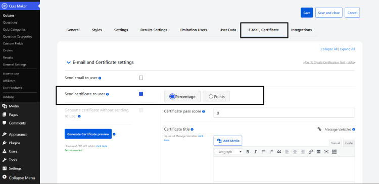 Certificate settings in Quiz Maker