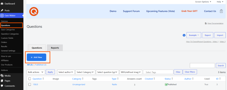 Questions in Quiz Maker dashboard