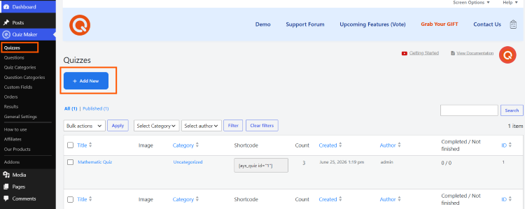 quizzes in dashboard in Quiz Maker