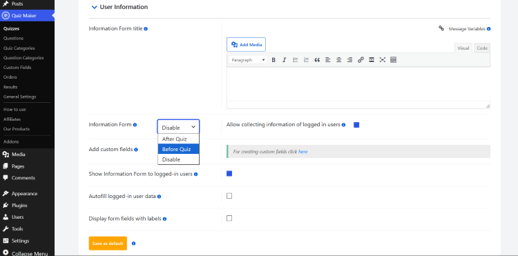 User Information in Quiz Maker