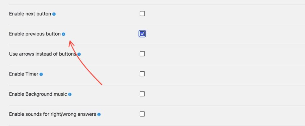 Highlighting the Enable previous button setting