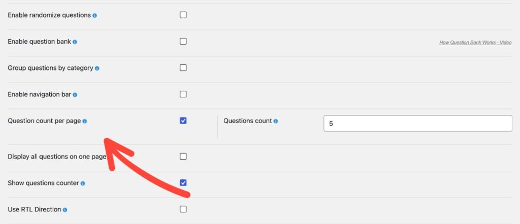 Highlighting the question count per page setting