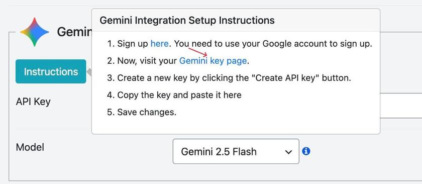Showing the Gemini key page