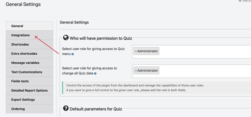 Showing the Integrations section