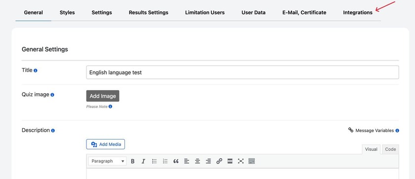 Showing the integrations section