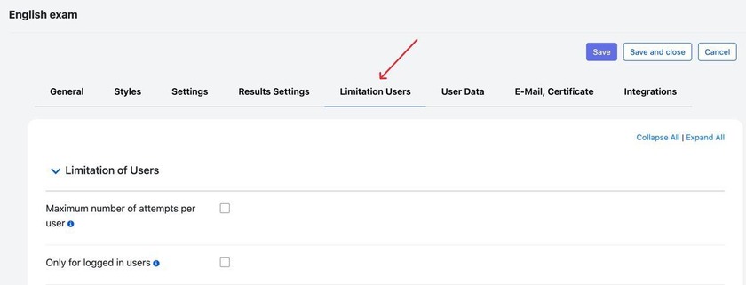 Showing the limitation users section of the quiz