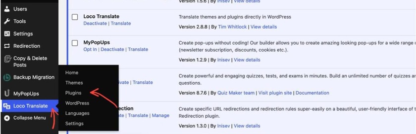 Showing how to open the plugins list