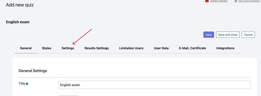 Showing the settings section of the quiz