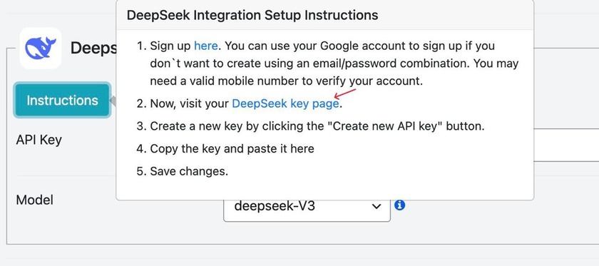 Showing the DeepSeek key page