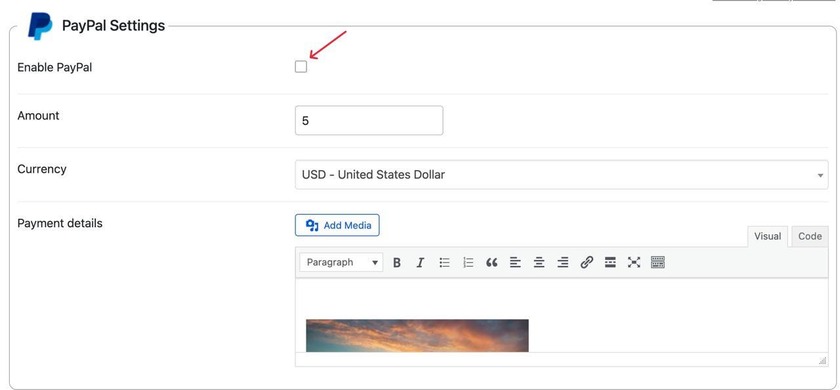 The enable setting button on PayPal settings