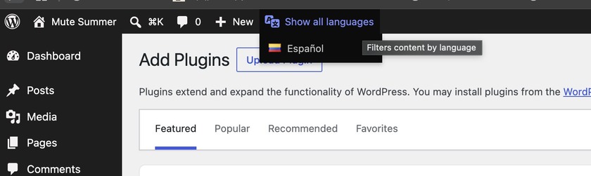 Showing the language settings