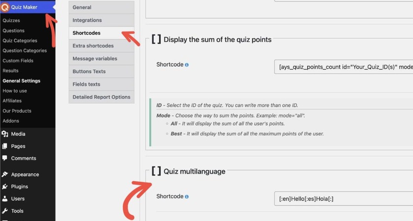 Showing how to find the multilanguage quiz setting