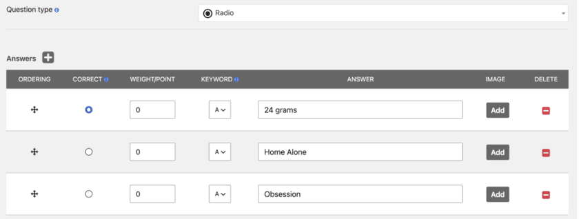 An example of question settings