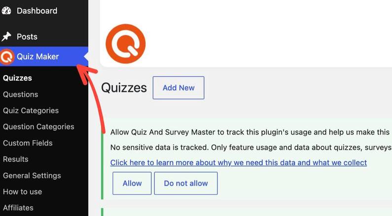 Showing the Quiz Maker plugin on the dashboard