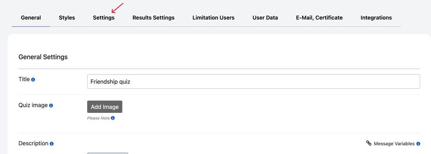 showing the settings section of the quiz