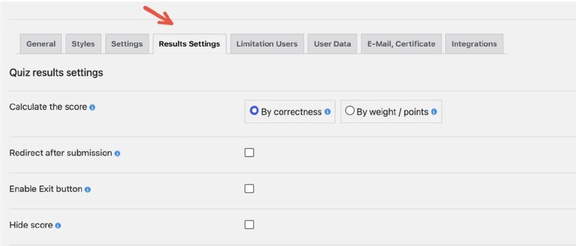 Showing the result settings section