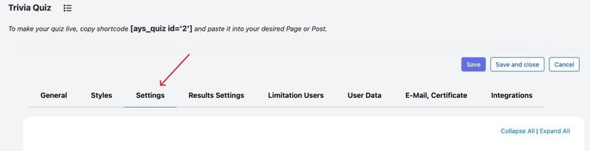 Showing the settings button of quizzes