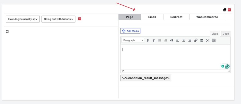 Showing the Page/Email/redirect sections