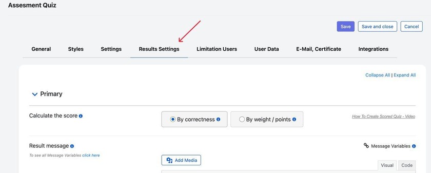 Showing the Result Settings section